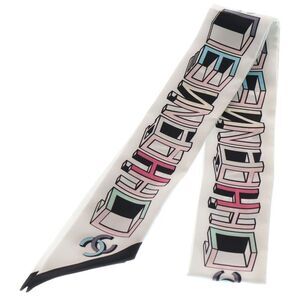 CHANEL Coco Mark Logo Print Twilly Silk Scarf White